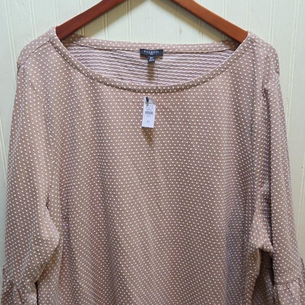 Talbots Blouse Womens Plus 3X Beige Scoop Neck 3/4 Bell Sleeve Polka Dot Top